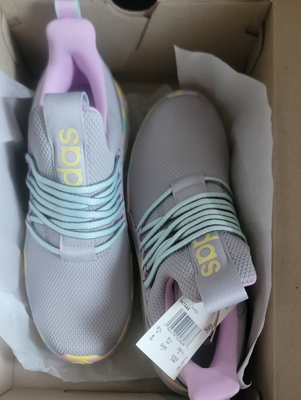adidas Kids Gray Sneakers with Pink & Mint Accents